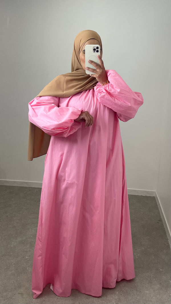 Robe popeline manche bouffante rose bonbon